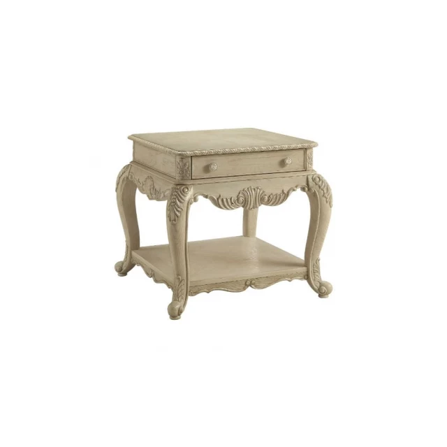 Polyresin rectangular end table with drawer and shelf for living room