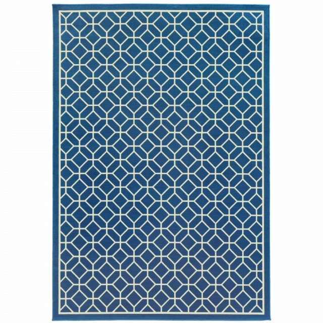 stain resistant indoor outdoor area rug with electric blue pattern and symmetrical design