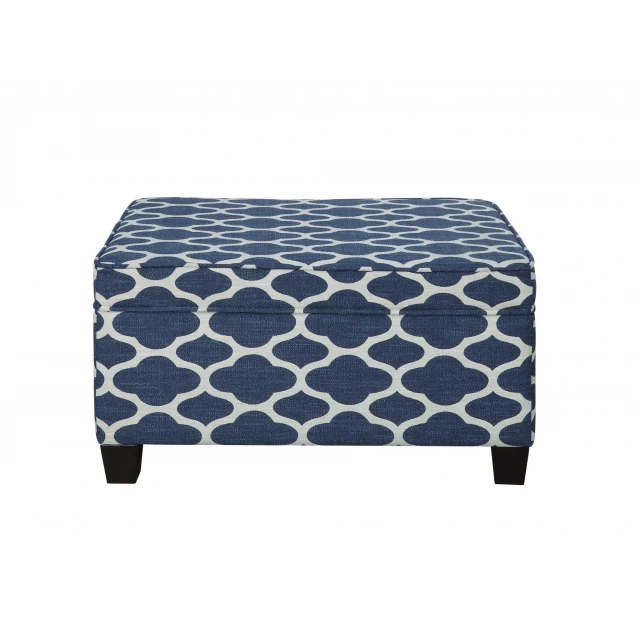 Upholstered linen blend geometric bench with flip-top design in electric blue pattern