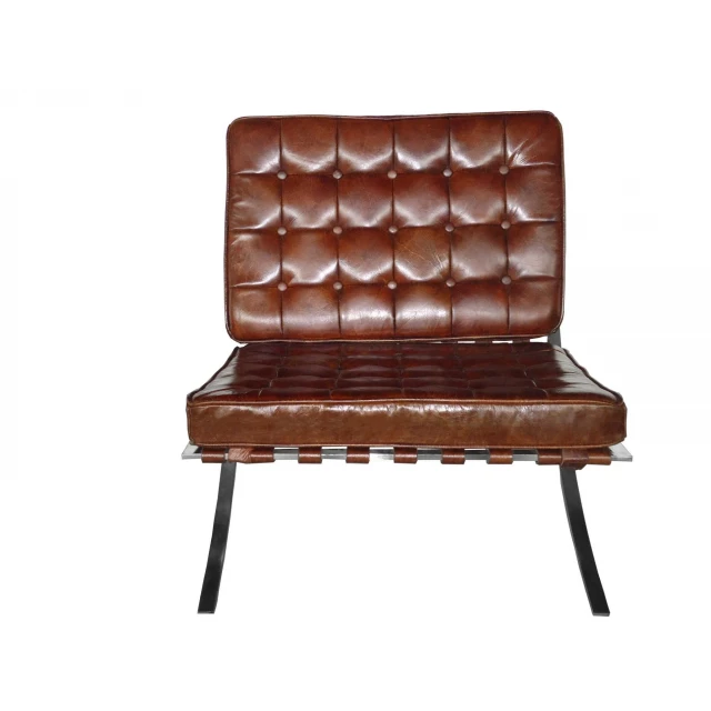 Brown full leather fireproof foam chair with armrests and wood accents in furniture setting