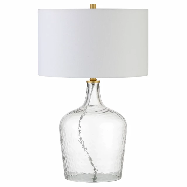 glass table lamp with white drum shade