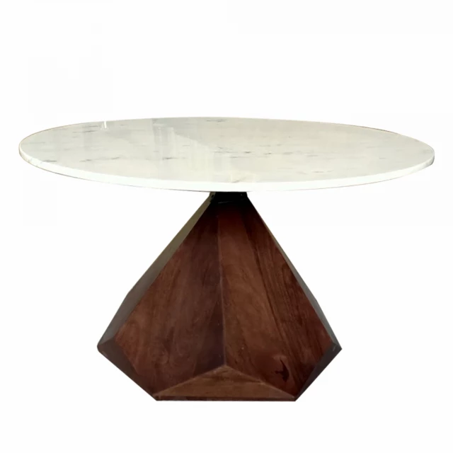 Solid wood marble geo coffee table with tints and shades wood stain finish in a furnished room