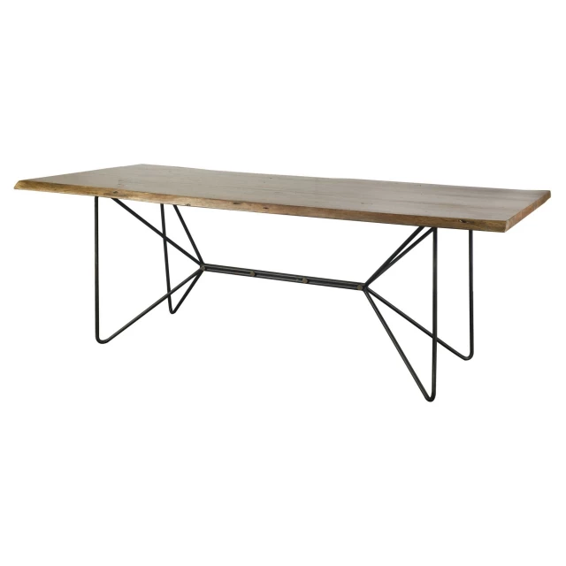 live edge iron base dining table in wood with outdoor and coffee table elements