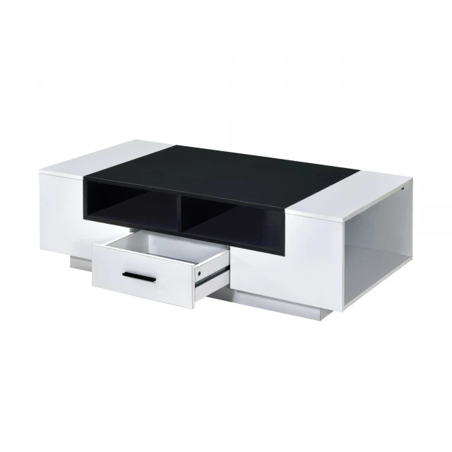 Black rectangular coffee table with drawer and shelves