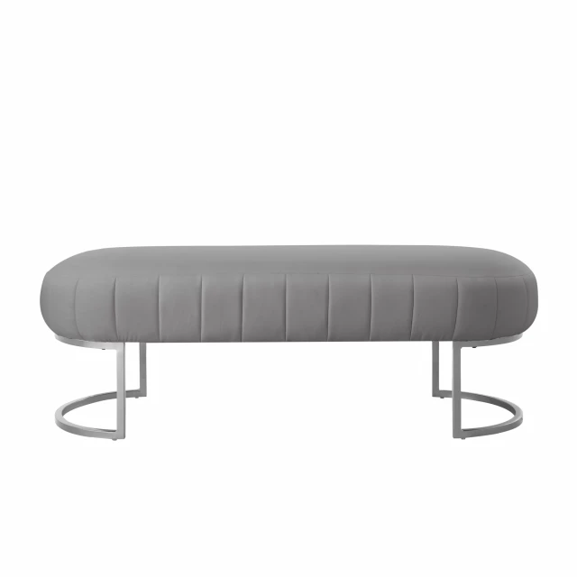 Gray silver upholstered faux leather bench with metal legs for modern home decor