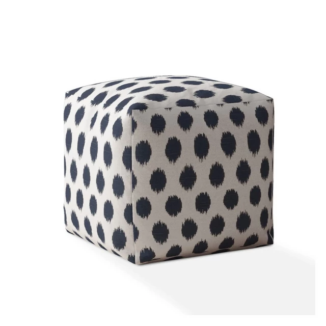 White canvas polka dots pouf ottoman with electric blue pattern and natural material design