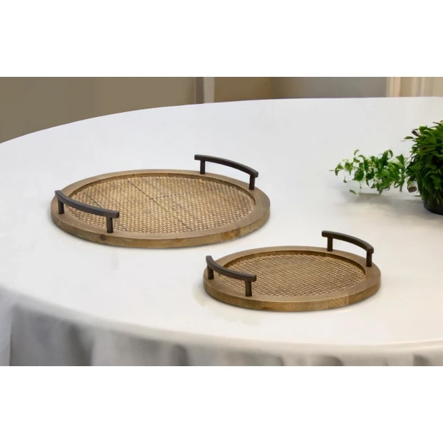 wood rattan round serving trays with handles made of wicker and composite material
