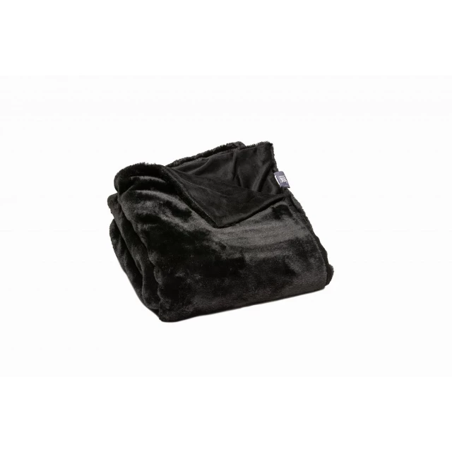 Black faux fur solid plush throw displayed as a fashion accessory with a denim and electric blue leather collar