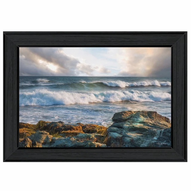 Clearing black framed print featuring serene natural landscape with clouds water and sky