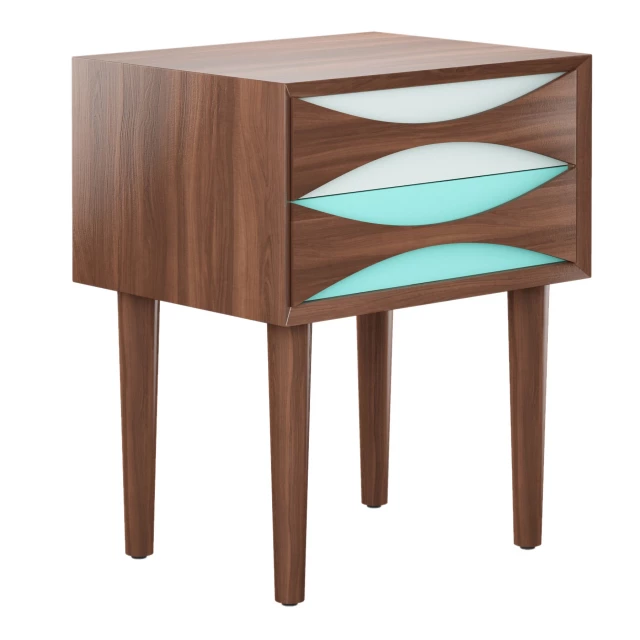 Wood brown drawer nightstand with varnish finish and decorative plant on top in furniture setting