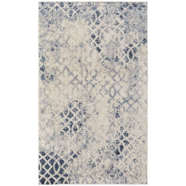 abstract power loom distressed area rug with electric blue pattern and symmetrical art design