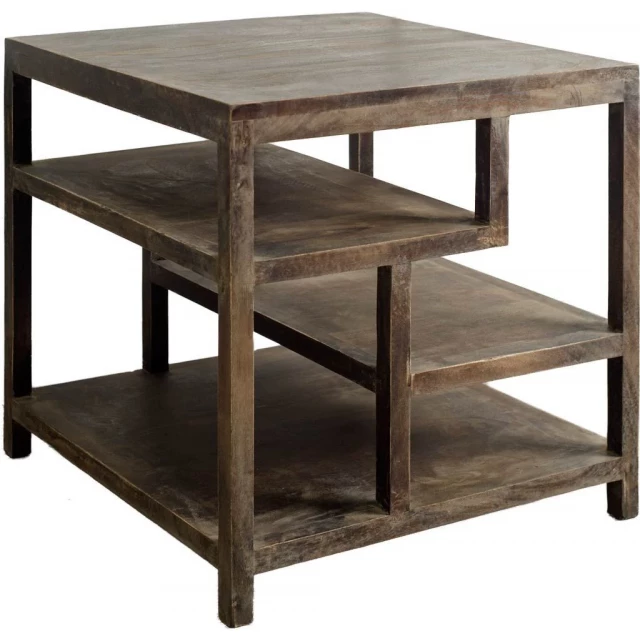 Wooden square end table with multiple shelves made from natural hardwood and composite materials