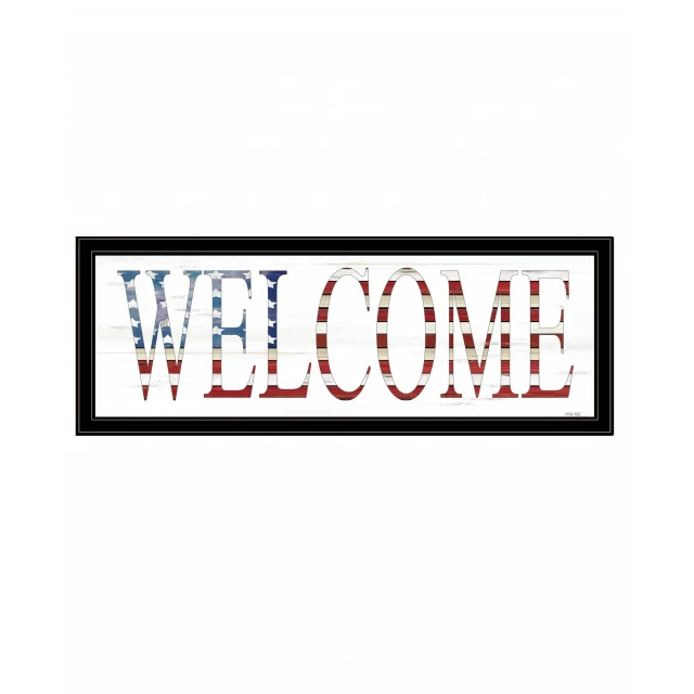 Black framed Welcome print wall art with electric blue and magenta graphics