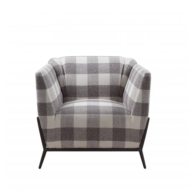 Grey polyester brown patchwork club chair with armrest and wood accents