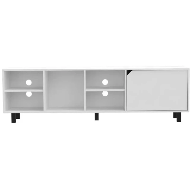 Particle board open shelving TV stand in beige with electronic device storage and parallel shelving