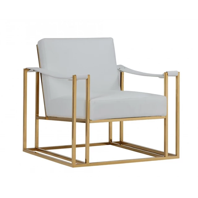 Stylish white leatherette gold steel chair with armrests and comfortable rectangle seat for modern outdoor furniture