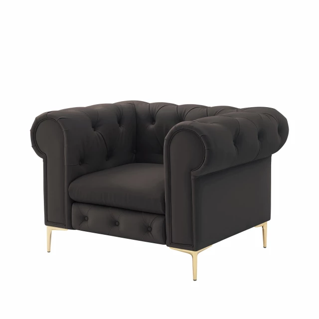 Gold faux leather tufted Chesterfield chair with comfortable armrests and elegant design