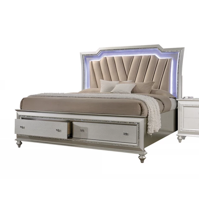 Wood upholstered headboard with LED lighting queen size bed