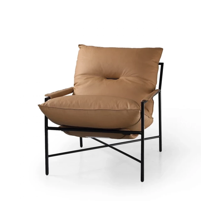 Grain leather black solid arm chair with wood armrests and hardwood flooring