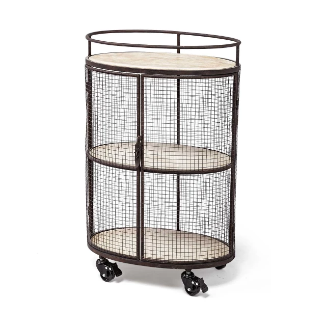 Cylindrical matte black metal bar cart with glass shelves and modern design