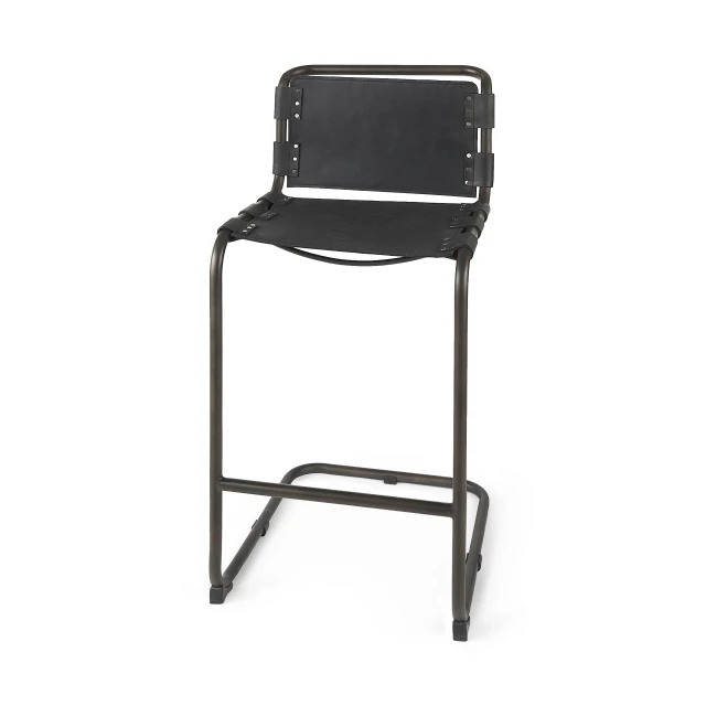 Black leather bar chair with metal accents and wood details