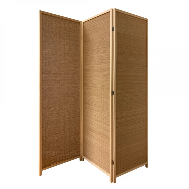 Light bamboo panel room divider screen with wood stain and metal accents