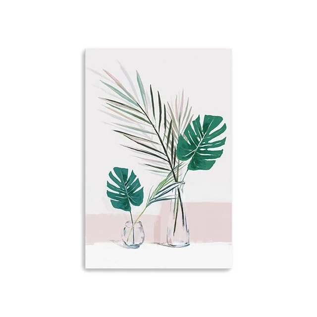 Leaves pink unframed print wall art featuring plant branches and arecales on a rectangular background