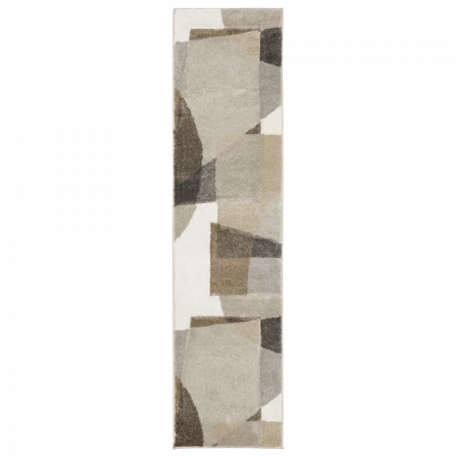 ivory geometric power loom runner rug with beige and grey patterns