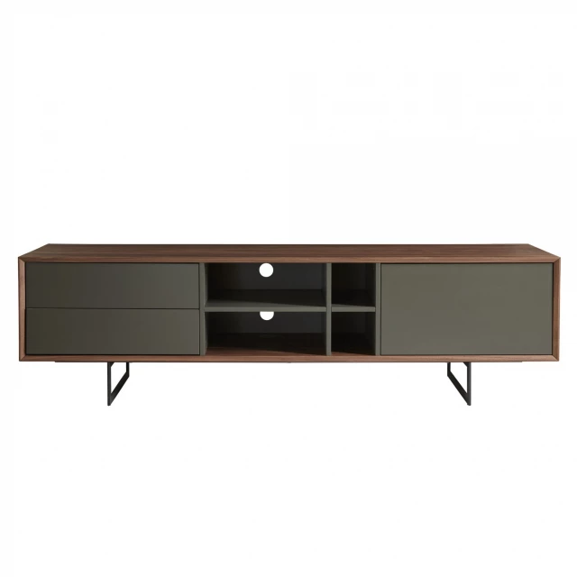 Walnut dark gray media TV stand with rectangular wood cabinetry and desk silhouette
