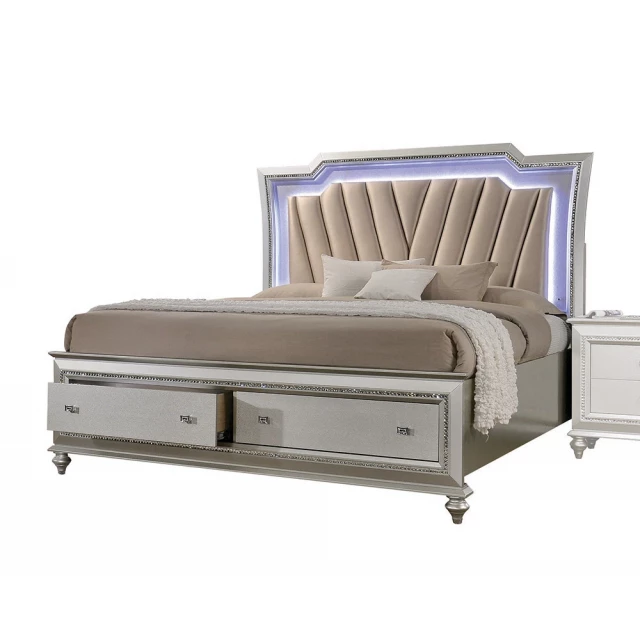 Beige champagne upholstered velvet bed with two drawers