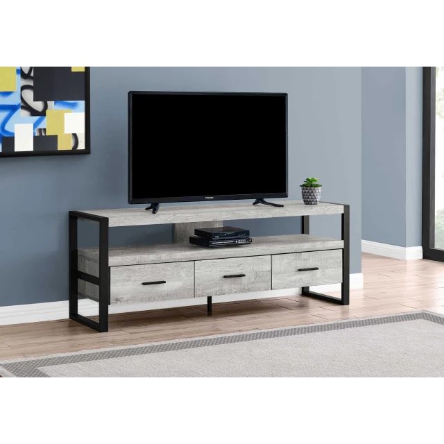Black metal TV stand with drawers and shelving for interior design and entertainment center