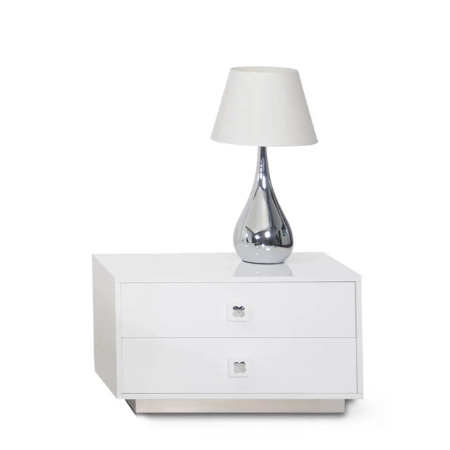 White gloss MDF nightstand with drawer and hardwood details