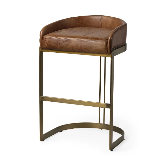 Leather copper low back bar chair with wood armrests and metal pattern comfort design