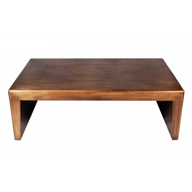 Modern copper tone coffee table with wood accents and rectangle tableware design for outdoor use
