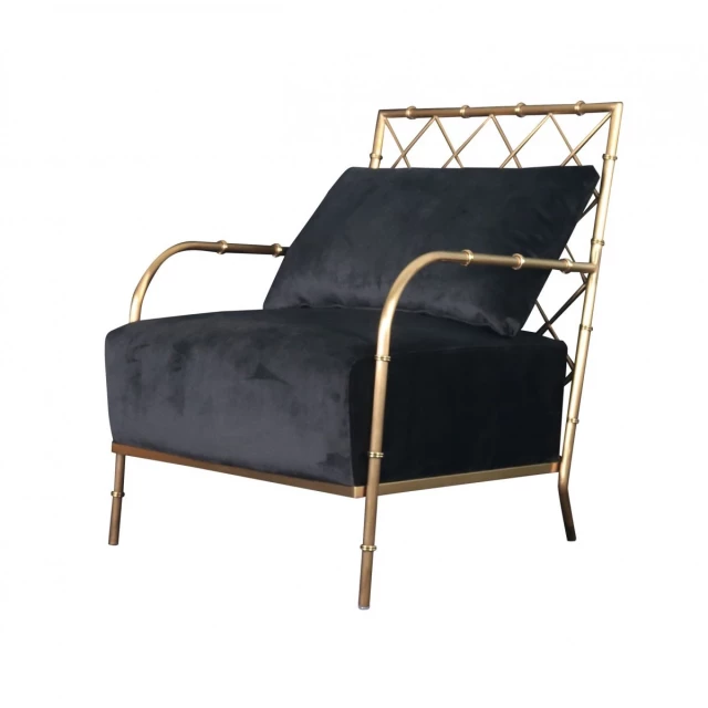 Black velvet gold solid arm chair with wooden accents and comfortable design for elegant home decor