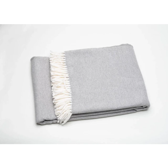 Gray mini dot fringed throw blanket on pillow