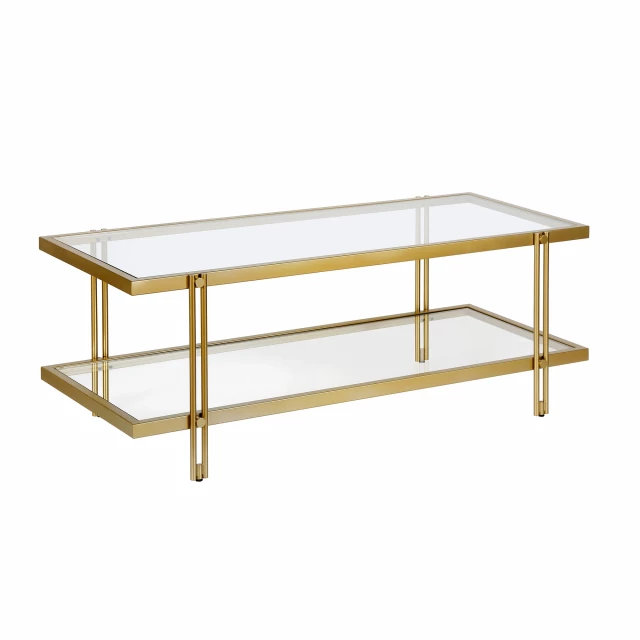 Gold glass steel coffee table with shelf and hardwood details