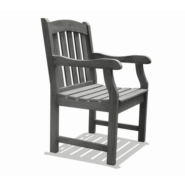 Distressed patio armchair with horizontal slats for outdoor decor
