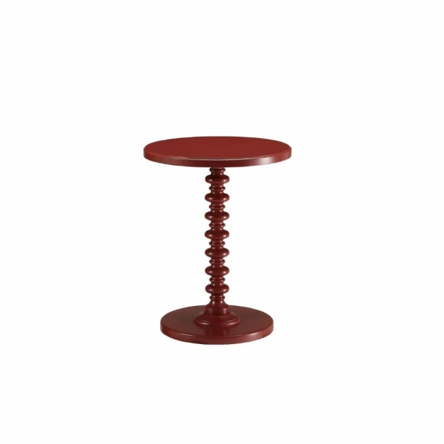 Red solid wood round end table in shades of magenta with a circular top and fashion accessory accents