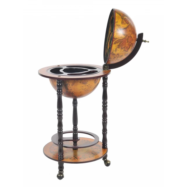Globe bar table with red legs stand featuring wood and art design elements