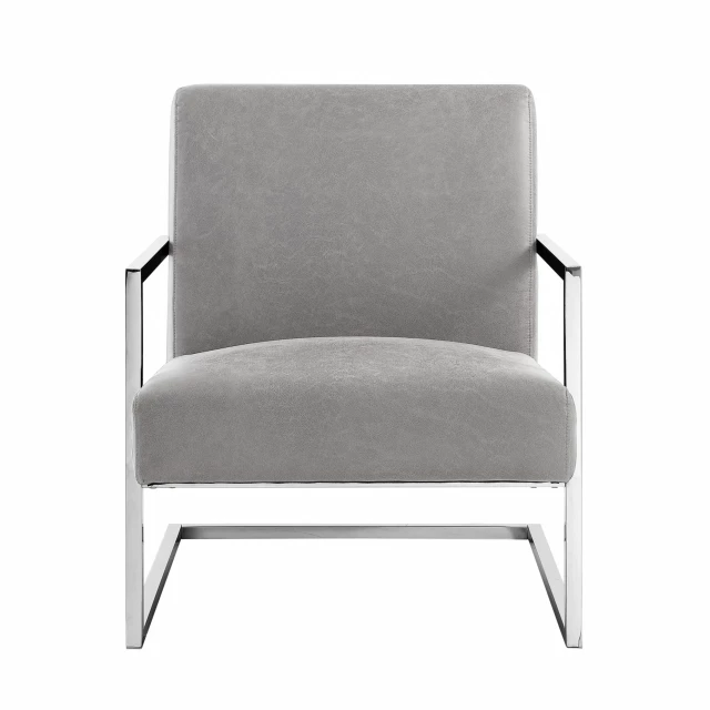 Gray silver faux leather armchair with comfortable armrests and wooden accents