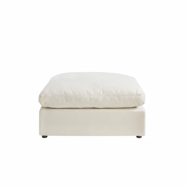 White linen black ottoman with beige wood and natural material in a comfortable rectangular design