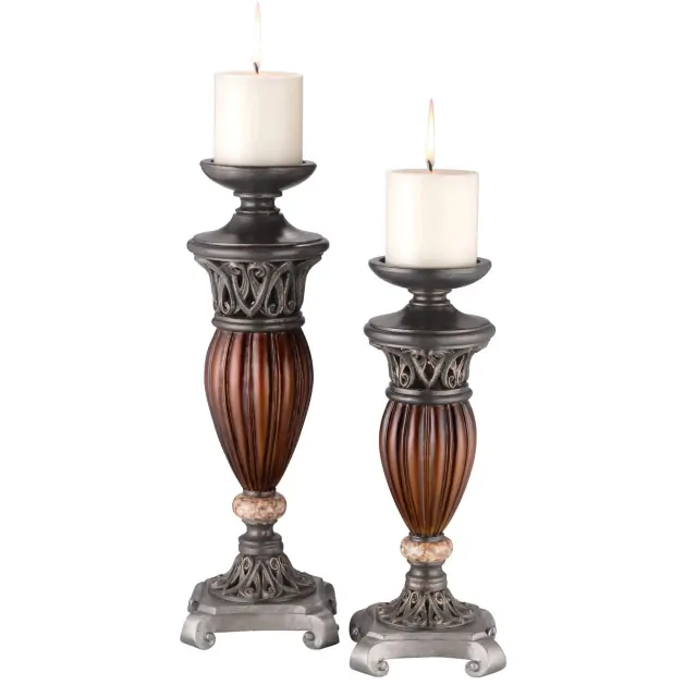 Set Of Two Brown and Bronze Pillar Tabletop Pillar Candle Holders Set Of Two Brown and Bronze Pillar Tabletop Pillar Candle Holders