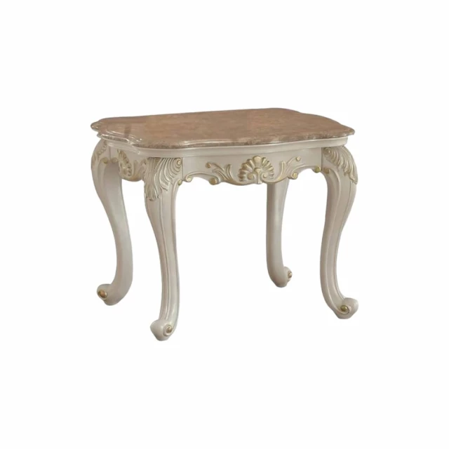 Light brown marble end table with wood stain finish in furniture setting