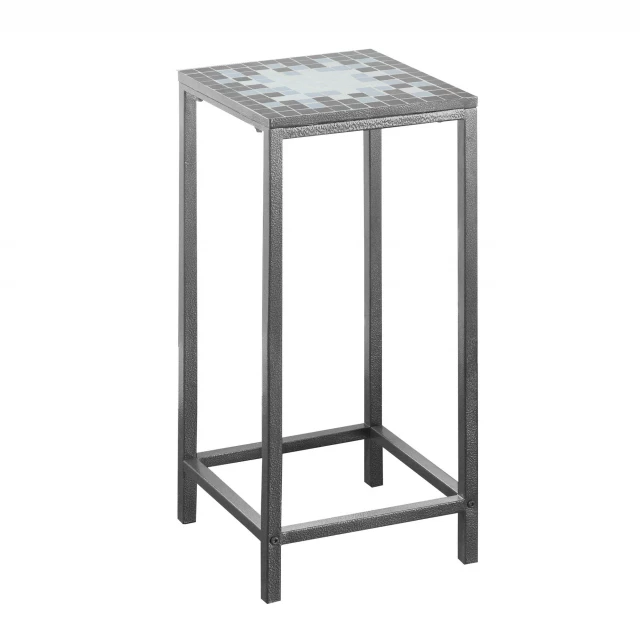 Grey tile end table with wood shelf and art detail in furniture design
