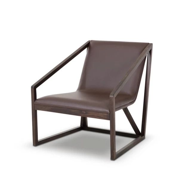 Brown eco leather lounge chair with armrests and hardwood legs