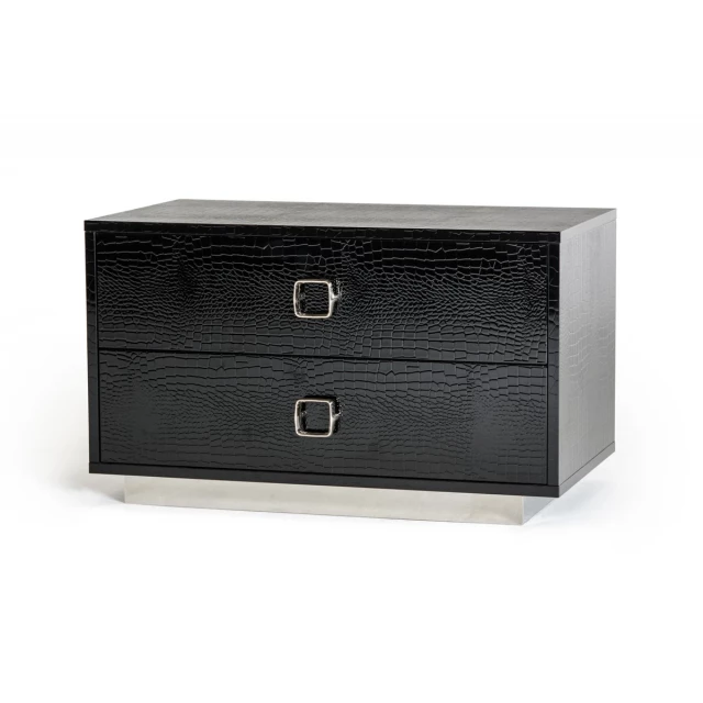 Black lacquer faux crocodile drawer nightstand with wood accents and modern design