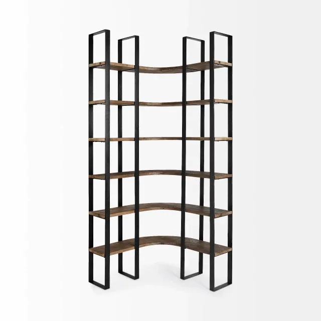 Curved Dark Brown Wood And Black Iron 6 Shelving Unit Curved Dark Brown Wood And Black Iron 6 Shelving Unit