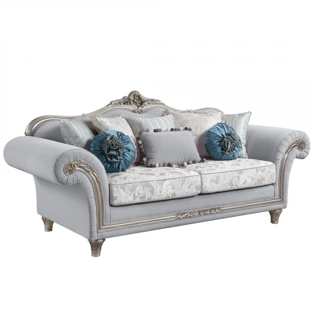 Gray platinum linen sofa with toss pillows and comfortable rectangle cushion design