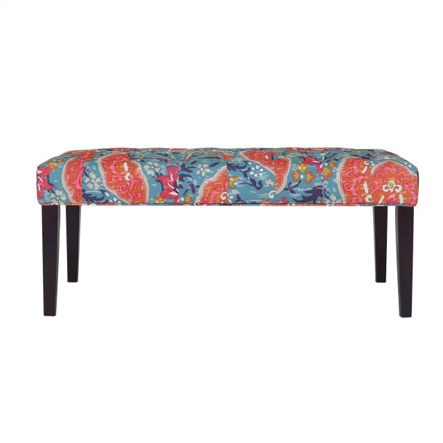 Red brown paisley medallion upholstered bench with rectangle shape possibly resembling outdoor furniture